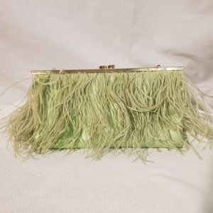 BCBG Light Green Ostrich Feather and Satin Clutch